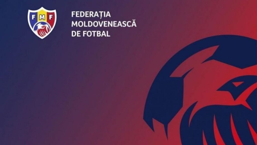 Фирменный баннер Федерации футбола Молдовы с гербовым орлом и логотипом FMF — символ национального футбольного первенства, в рамках которого встречаются «Динамо-Авто» и «Академия»