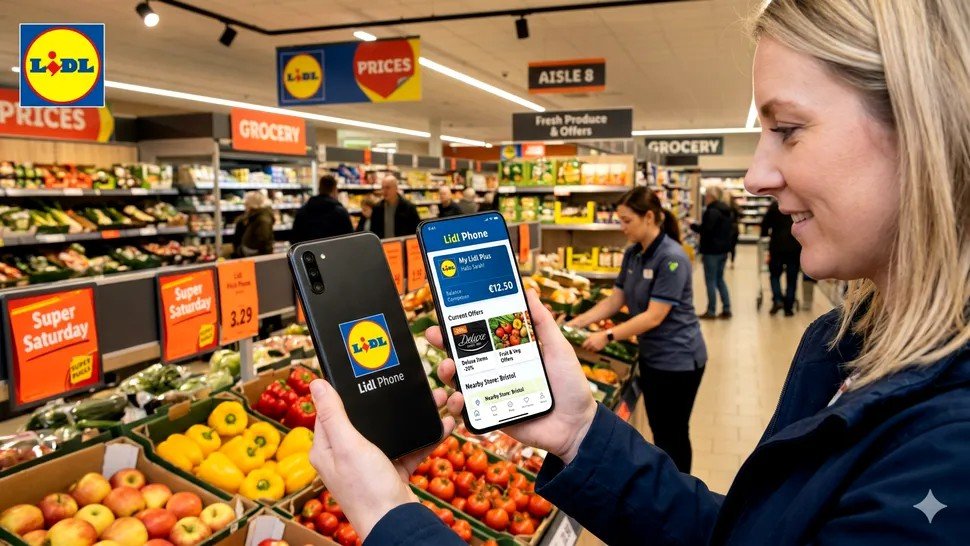 Женщина использует мобильное приложение Lidl Phone в супермаркете сети, держа в руке смартфон с интерфейсом Lidl Plus