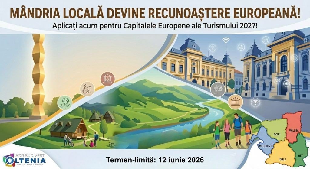 Официальный промо-баннер кампании Agenția pentru Dezvoltare Regională Sud-Vest Oltenia: коллаж с историческим зданием, сельским туристическим пейзажем, группой путешественников и картой пяти уездов региона (Горж, Вылча, Мехединци, Долж, Олт), призывающий города подавать заявки на титул Европейской столицы туризма 2027 до 12 июня 2026 года