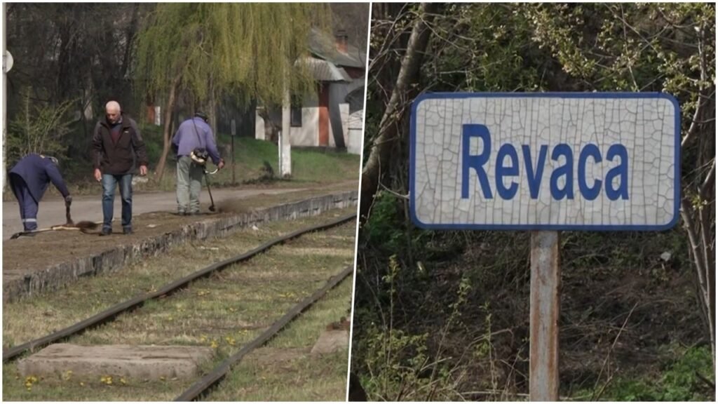 Поезд Киев — аэропорт Кишинёва: как прошёл первый тест Коллаж из двух фотографий — люди на железнодорожных путях станции Ревака и табличка с названием станции