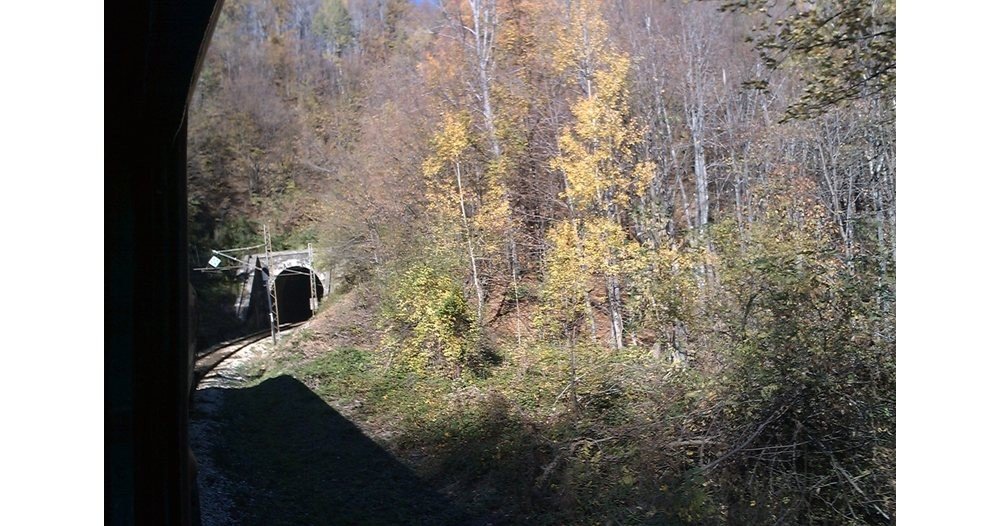 Одноколейная железная дорога уходит в тоннель через осенний лес Стара-планины — вид из окна поезда