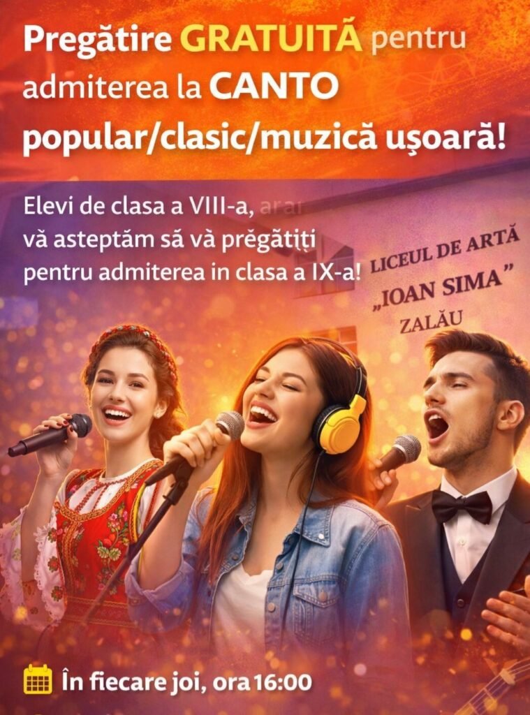 Афиша бесплатных подготовительных курсов по вокалу для выпускников восьмого класса в Лицее искусств «Иоан Сима» в Залэу: молодые исполнители поют в микрофоны на фоне здания лицея