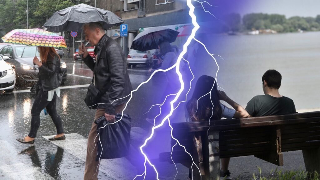 Кошава и заморозки: РХМЗ объявил тревогу по всей Сербии Люди с зонтами идут под дождём, на фоне молний — иллюстрация погодного предупреждения в Сербии