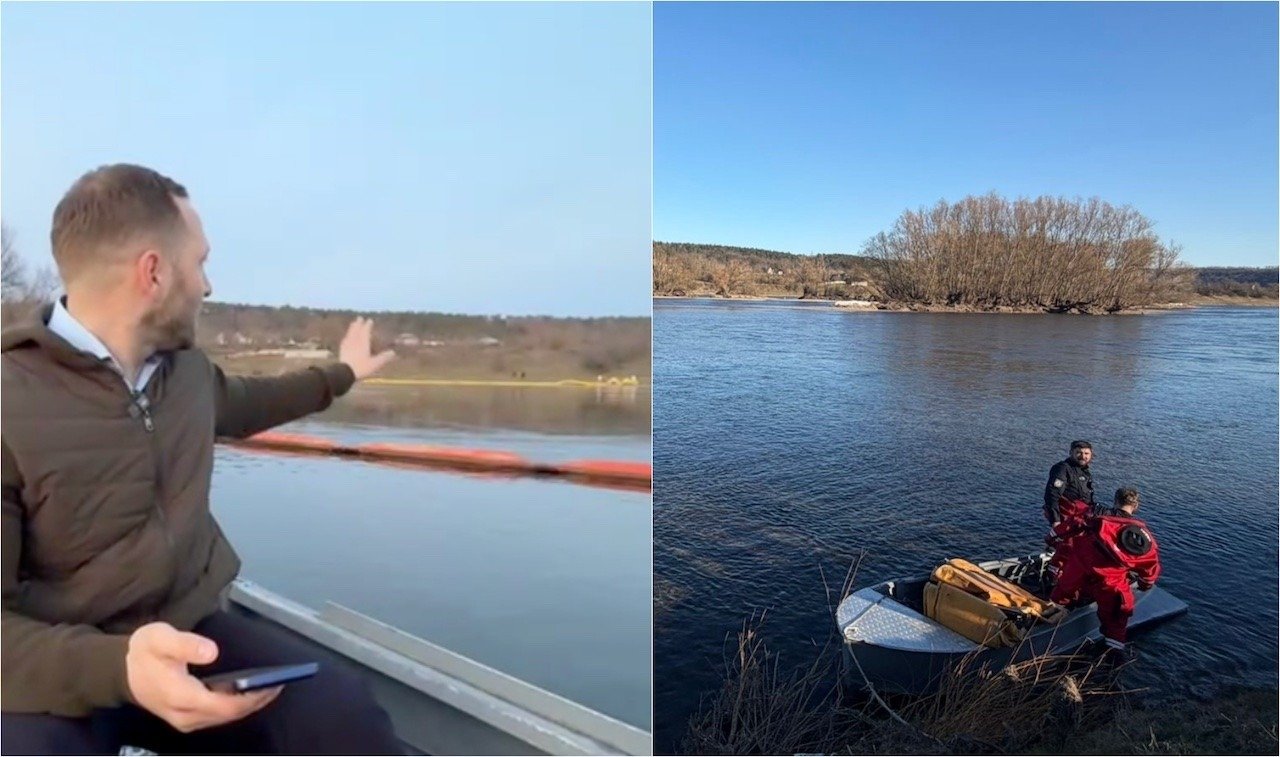Министр Хаждер осматривает Днестр с моста, спасатели на лодке