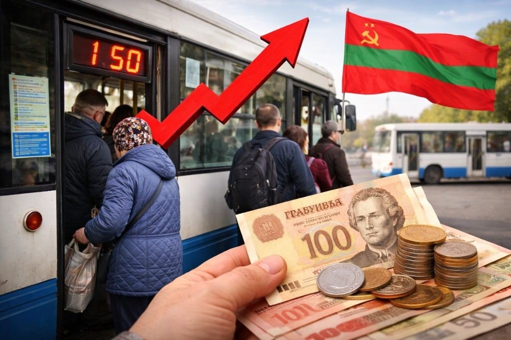 Коллаж с автобусом, табло «1,50», деньгами и флагом Приднестровья
