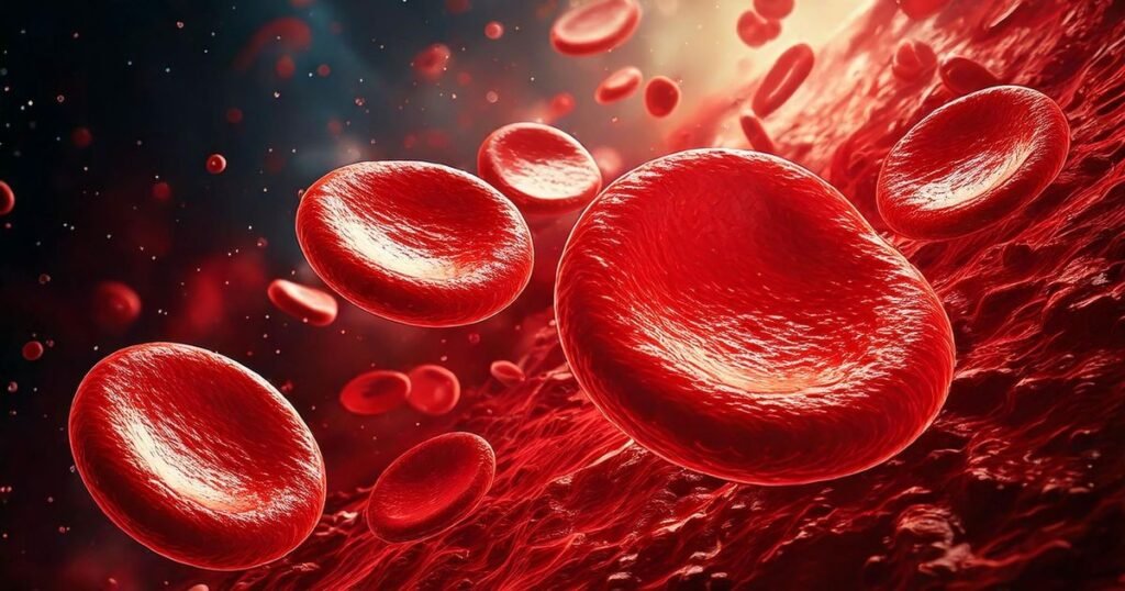 Трёхмерная иллюстрация красных кровяных телец (эритроцитов), движущихся по кровеносному сосуду