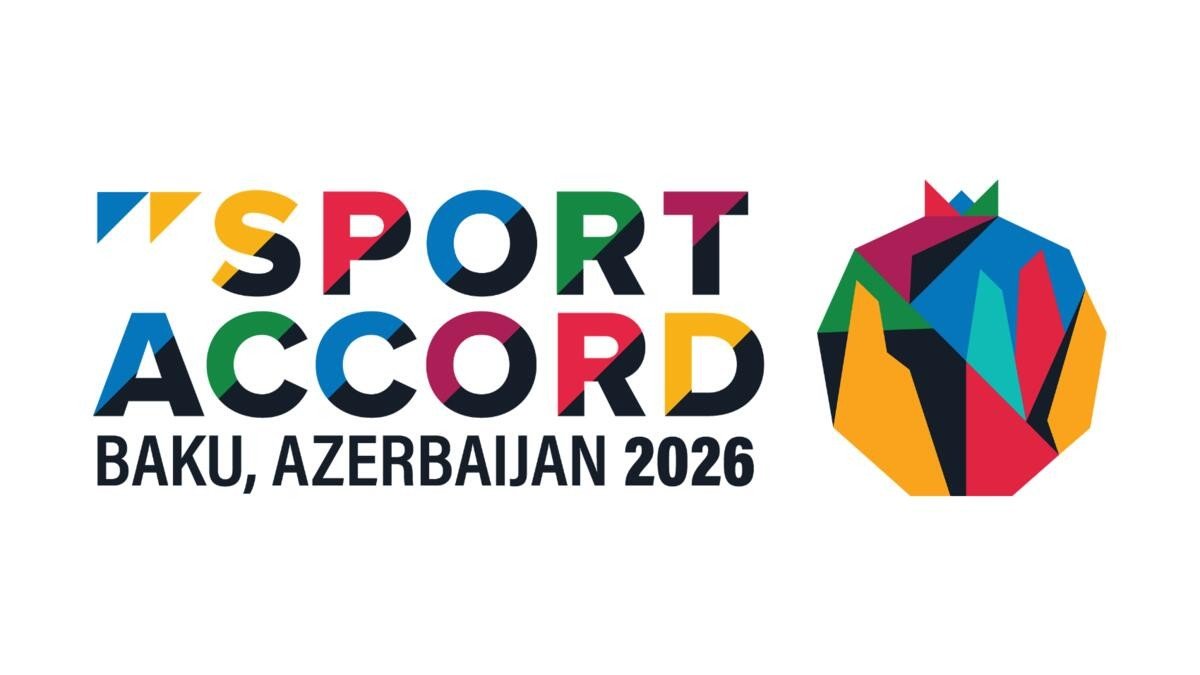 Официальный логотип конвенции SportAccord Baku, Azerbaijan 2026 с красочной эмблемой и символом граната