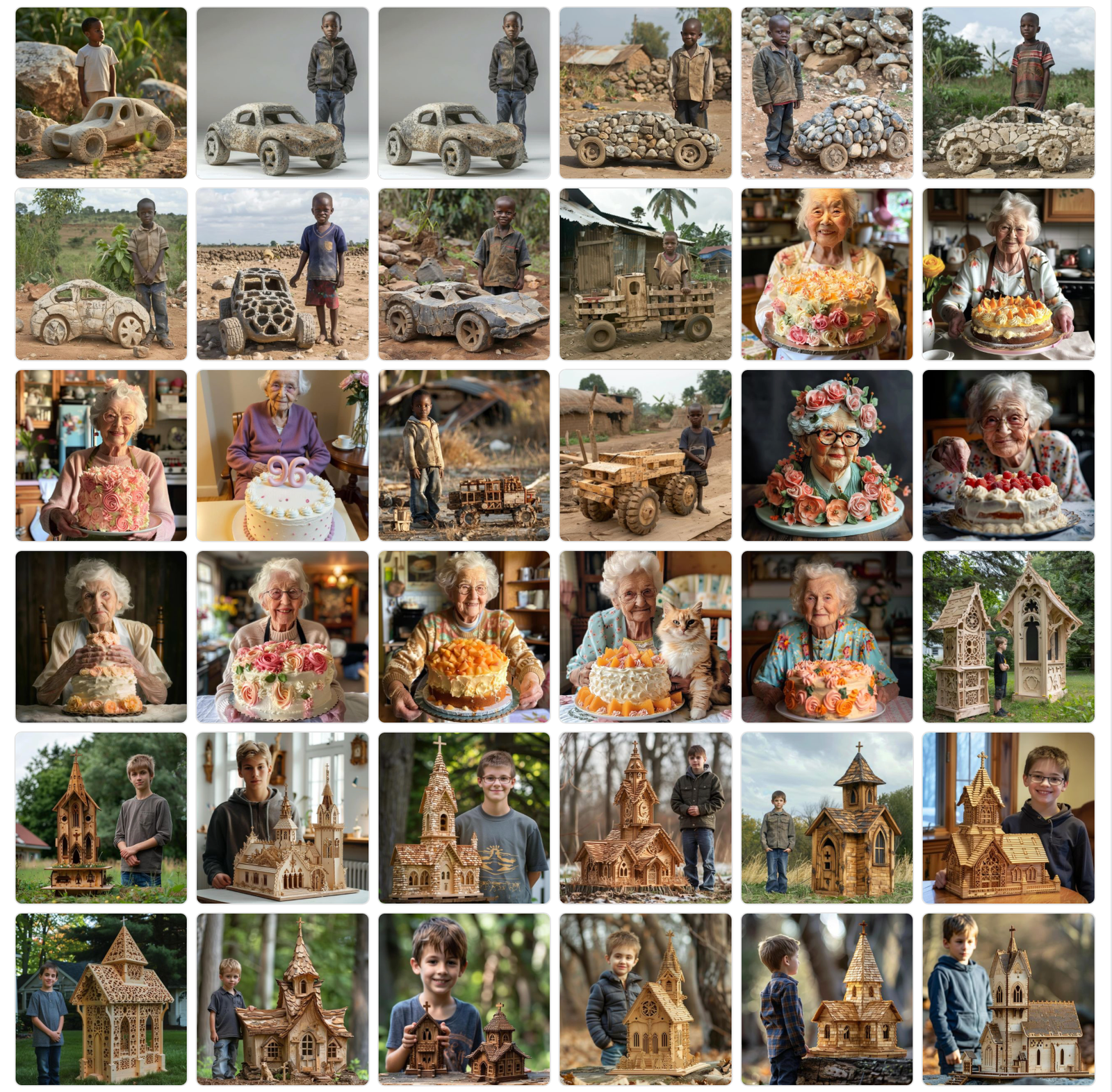 Коллаж AI-сгенерированных изображений из Facebook спам-страниц: деревянные автомобили, торты, миниатюрные здания, пожилые женщины с выпечкой