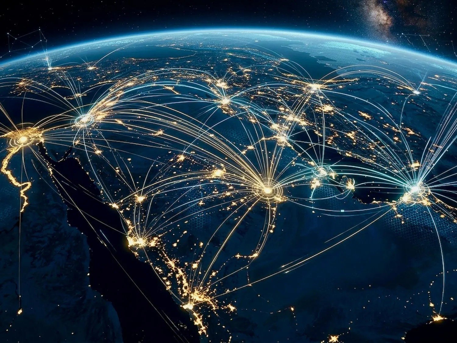 Вид на Землю из космоса в ночное время с глобальными авиамаршрутами и подсвеченными транспортными узлами над Ближним Востоком
