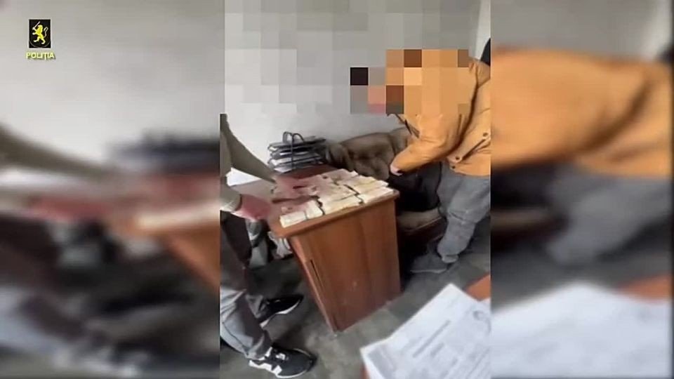 Кадр задержания подозреваемого в мошенничестве с онлайн-инвестициями в Кишинёве &mdash; на столе изъятые наличные