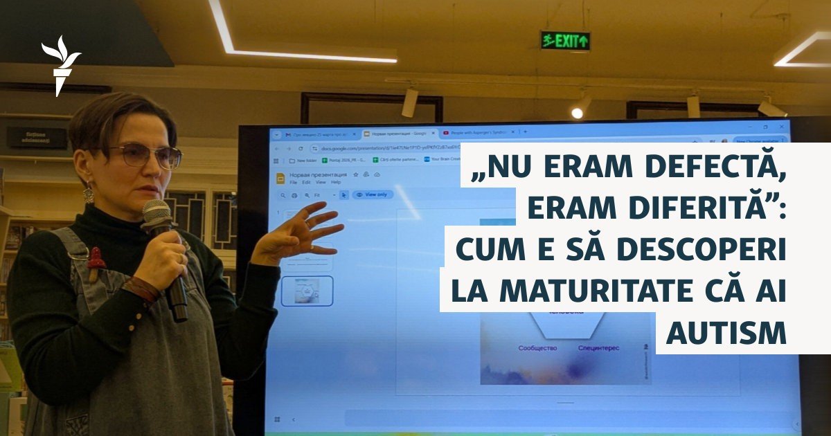 Елена Катеров выступает с презентацией об аутизме на публичном мероприятии в Кишинёве — женщина, узнавшая о своём диагнозе в 32 года
