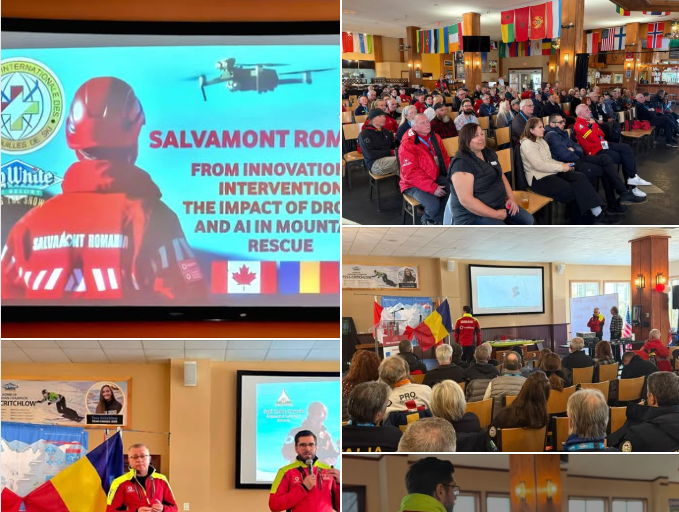 Коллаж из четырёх фотографий с конгресса FIPS. На центральном слайде — презентация Salvamont Romania: «From Innovation to Intervention — The Impact of Drones and AI in Mountain Rescue». Также видны: выступление перед аудиторией, румынский флаг и зал конгресса с участниками