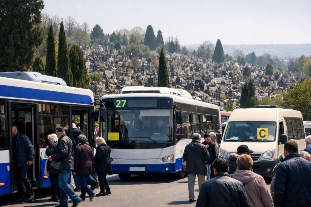 Троллейбус, автобус № 27 и маршрутка «С» с пассажирами у входа на кладбище в Кишинёве в Родительский день