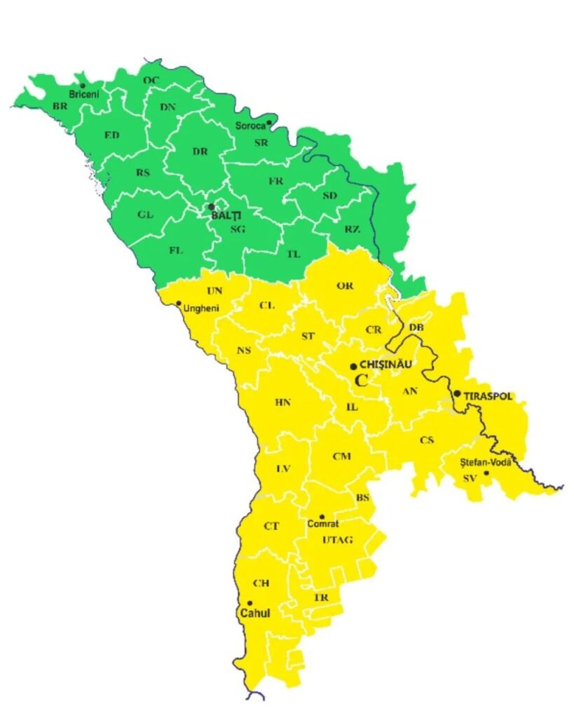 Карта Молдовы: жёлтый код нестабильности атмосферы на юге и в центре страны, север — в зелёной зоне