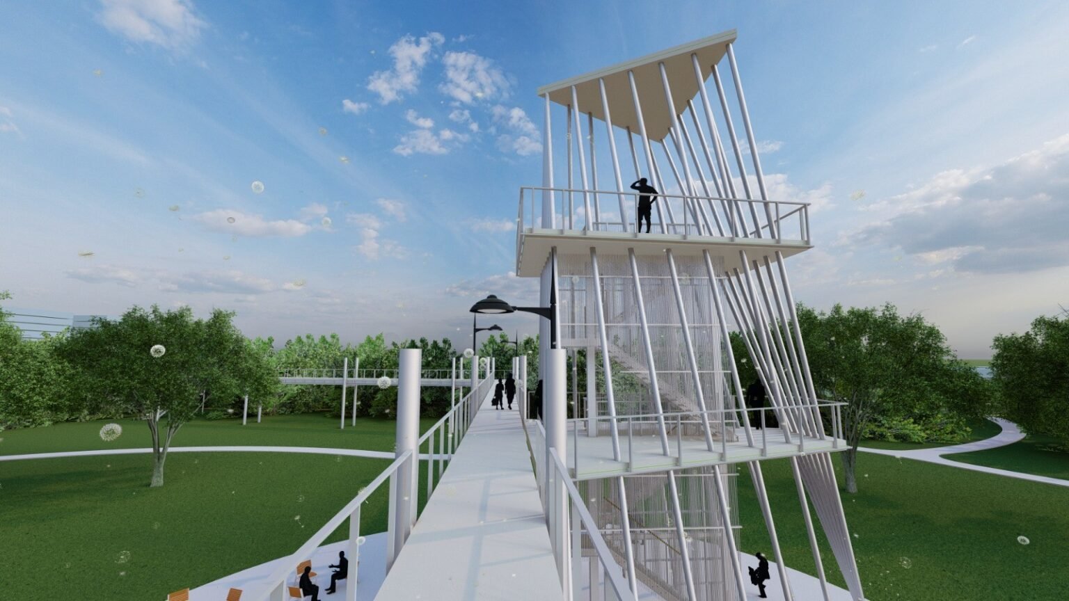 3D-визуализация обзорной башни и аллеи будущего городского сада Nufărul в Орадя