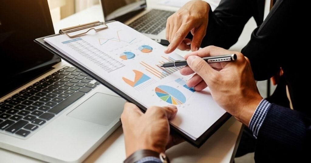 Специалисты анализируют графики и диаграммы исследования на фоне ноутбука