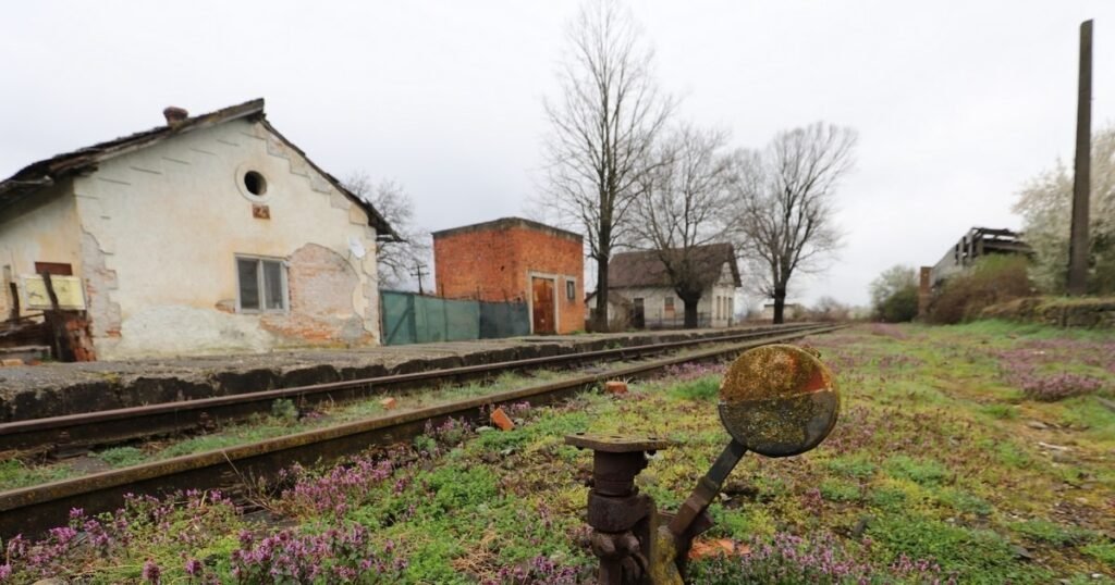 Заброшенная железнодорожная станция с заросшими путями и ржавым стрелочным механизмом