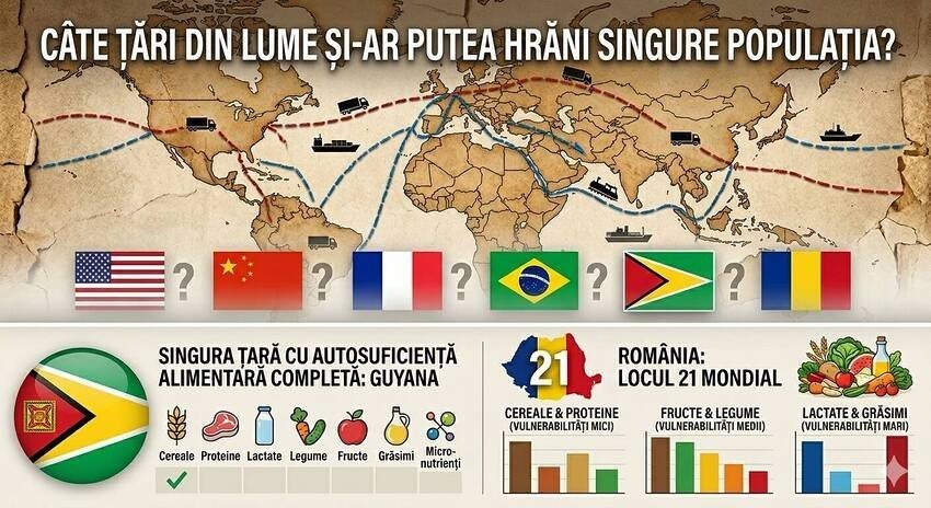 Румыния — 21-я в мире по продовольственной самодостаточности Инфографика о продовольственной самодостаточности стран мира: Румыния занимает 21-е место в глобальном рейтинге, единственная страна с полной самообеспеченностью — Гайана