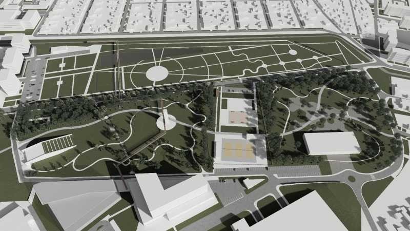 Аэроплан-визуализация общего плана городского сада Nufărul среди жилых кварталов Орадя