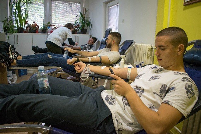 Добровольные доноры сдают кровь в пункте переливания — молодые люди лежат в донорских креслах с подключёнными системами забора крови