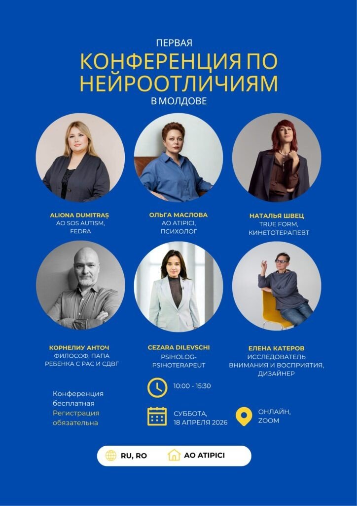 Афиша с портретами и именами шести спикеров конференции по нейроотличиям ассоциации ATIPICI