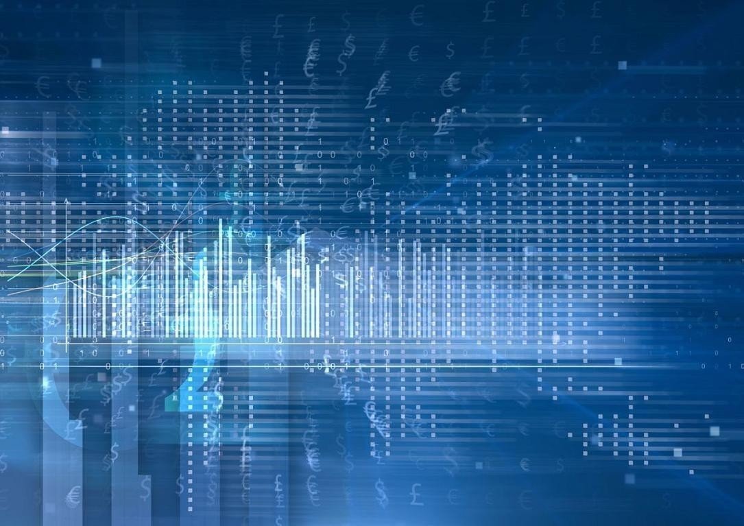Цифровая визуализация экономических данных с графиками и валютными символами