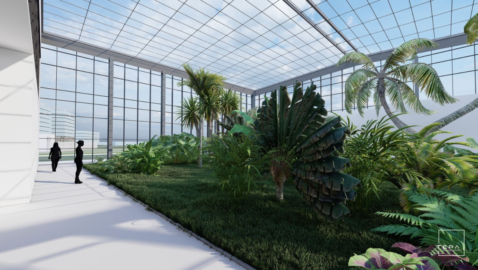 Интерьер тропической оранжереи с пальмами и стеклянной крышей в проекте сада Nufărul