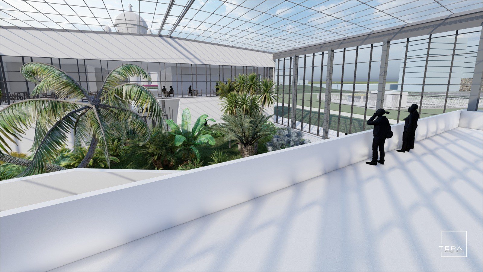 Надземный переход в стеклянной оранжерее проекта сада Nufărul с видом на тропические растения