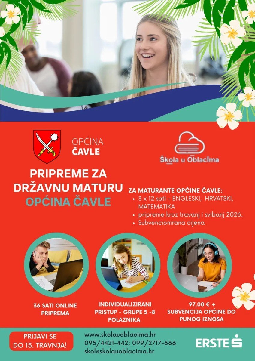 Информационный плакат программы подготовки к матуре для учащихся общины Чавле с расписанием курсов и контактными данными