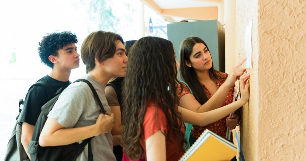 Группа школьников проверяет результаты симуляции бакалавриата на доске объявлений в коридоре учебного заведения