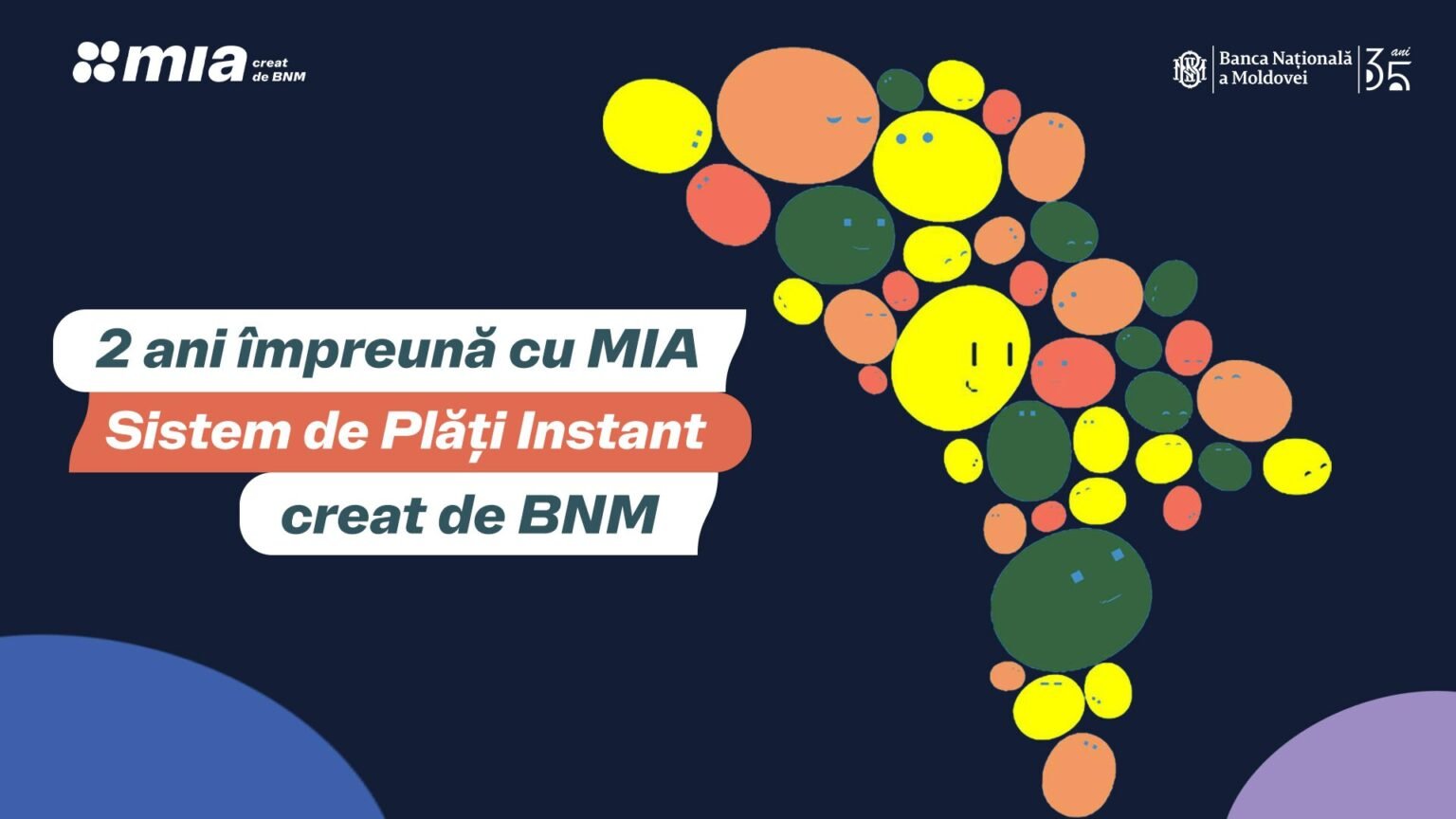 Промо-графика системы мгновенных платежей MIA к двухлетию запуска — карта Молдовы из разноцветных кругов с логотипами MIA и НБМ
