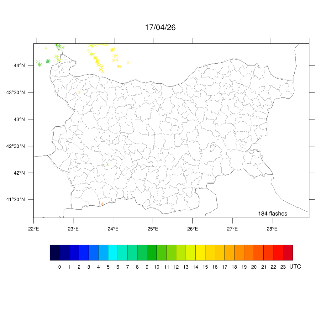 Карта молниевых разрядов над Болгарией за 17 апреля 2026