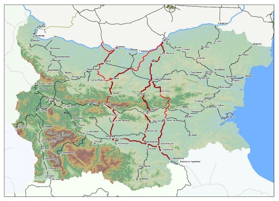 Карта Болгарии с действующей железнодорожной сетью, выделенной красным цветом