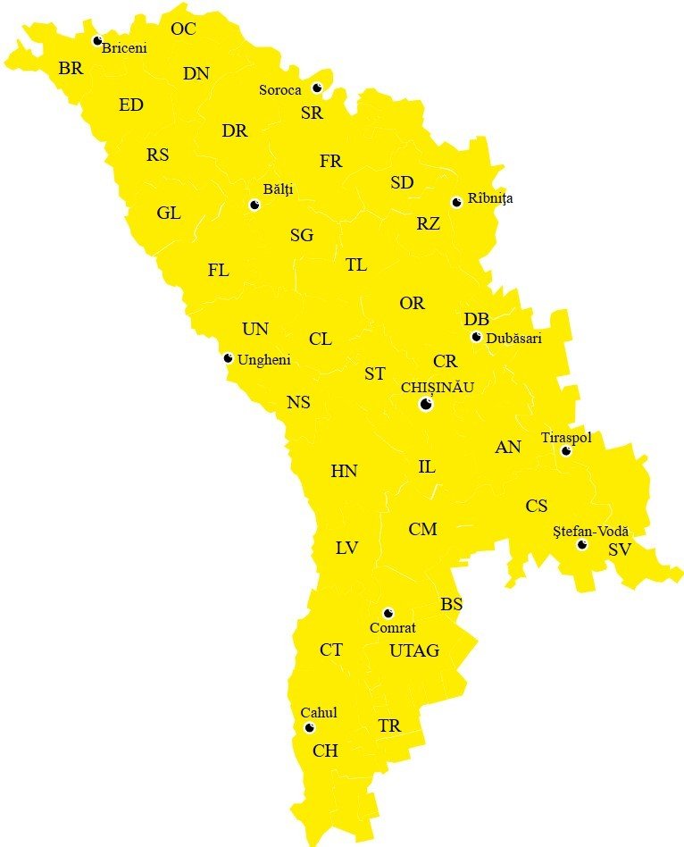 Иллюстрация системы предупреждений Государственной гидрометеорологической службы Молдовы: пример карты, когда жёлтый код охватывает все районы страны