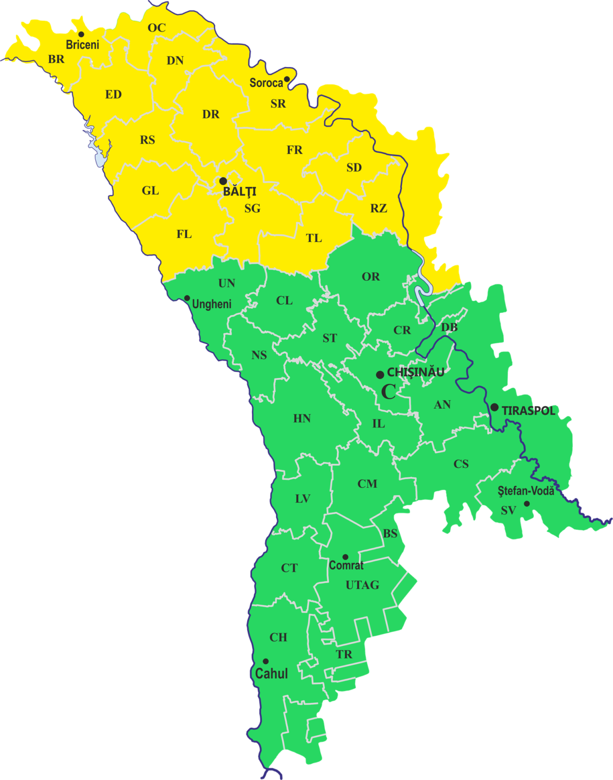 Официальная карта жёлтого кода атмосферной нестабильности: жёлтым выделены северные и центральные районы Молдовы, где действует предупреждение 20 апреля 2026 года, южные регионы отмечены зелёным