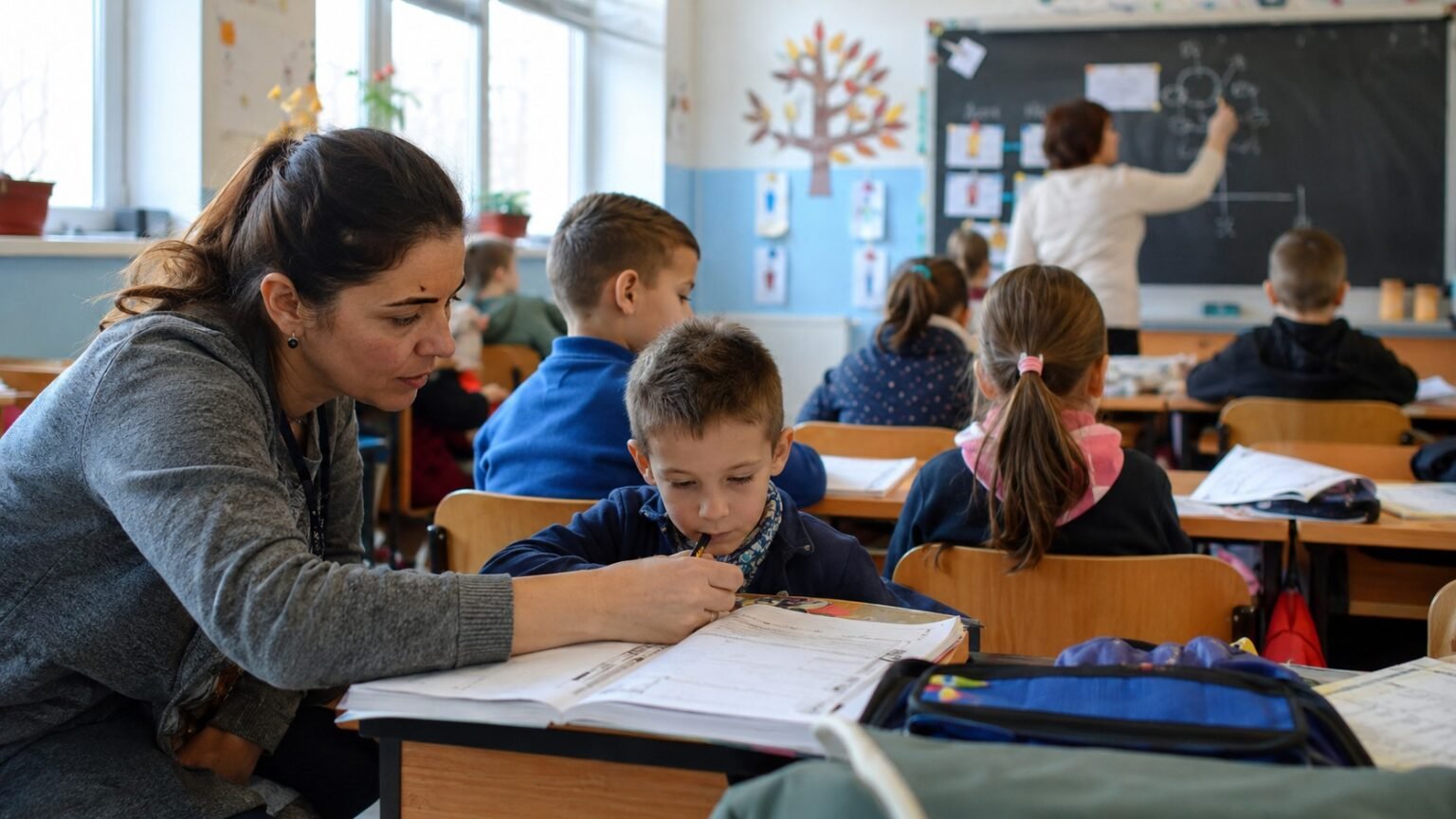 Учительница помогает мальчику-ученику с заданием в классе начальной школы