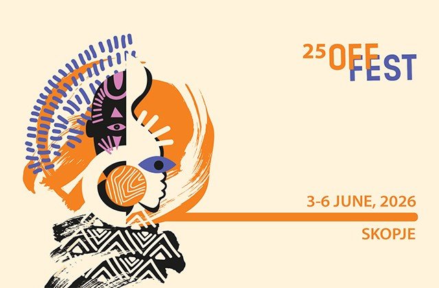 Афиша 25-го фестиваля OFFest со стилизованным африканским образом и надписью &laquo;3&ndash;6 июня 2026, Скопье&raquo;