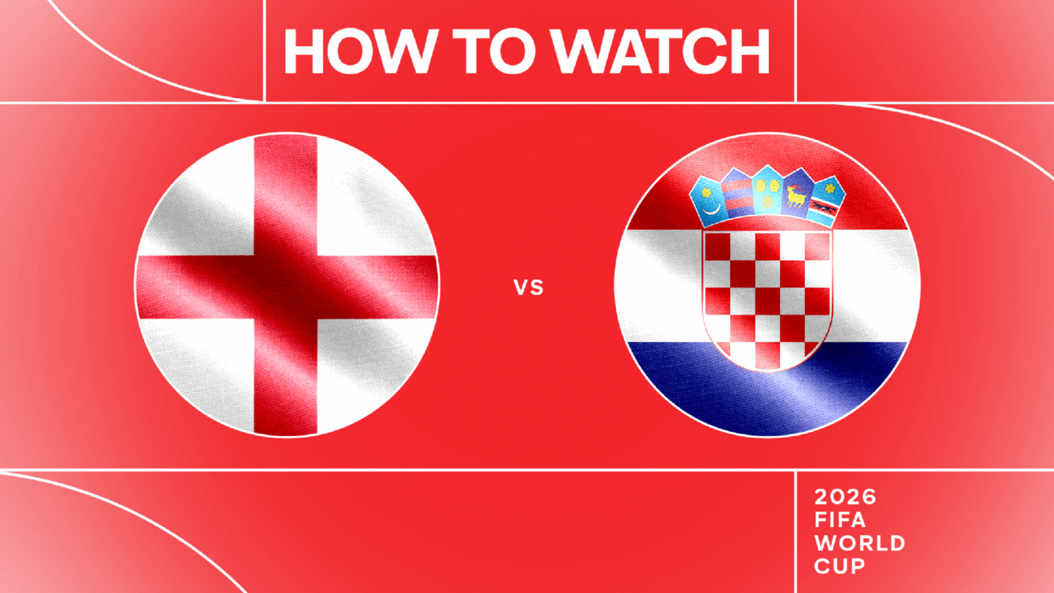 Хорватия на ЧМ-2026: Vatreni готовятся к Англии в Александрии Брендированная заставка матча группы L чемпионата мира 2026: круги с флагами Англии и Хорватии на красном фоне, надпись «How to Watch» и логотип турнира