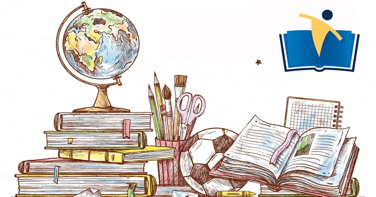 Рисованная иллюстрация со школьного сайта: глобус на стопке книг, карандаши, кисточки, открытая тетрадь и логотип школы «Лазо Трповски»