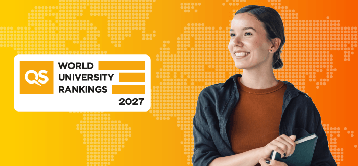 Логотип рейтинга QS World University Rankings 2027 рядом с улыбающейся студенткой на фоне карты мира
