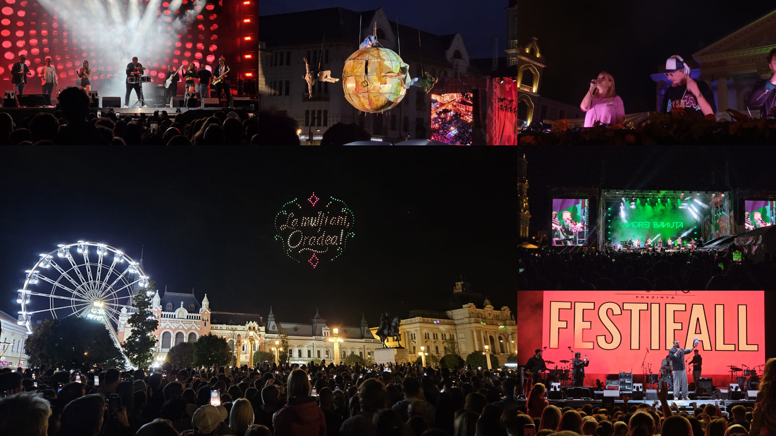 Коллаж второго дня FestiFall 2026 в Орадя: концерт на главной сцене, воздушный спектакль с земным шаром над зданием мэрии, дрон-шоу с надписью «La mulți ani, Oradea!», колесо обозрения на площади Фердинанда и выступление на сцене FESTIFALL