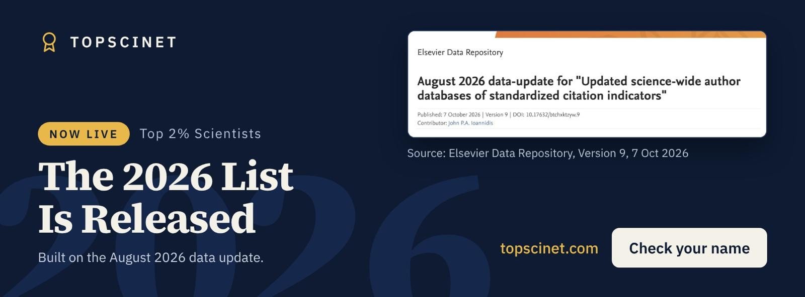 Тёмно-синий баннер с заголовком &laquo;The 2026 List Is Released&raquo; и скриншотом карточки Elsevier Data Repository, подтверждающим публикацию обновлённой базы цитирований от 7 октября 2026 года